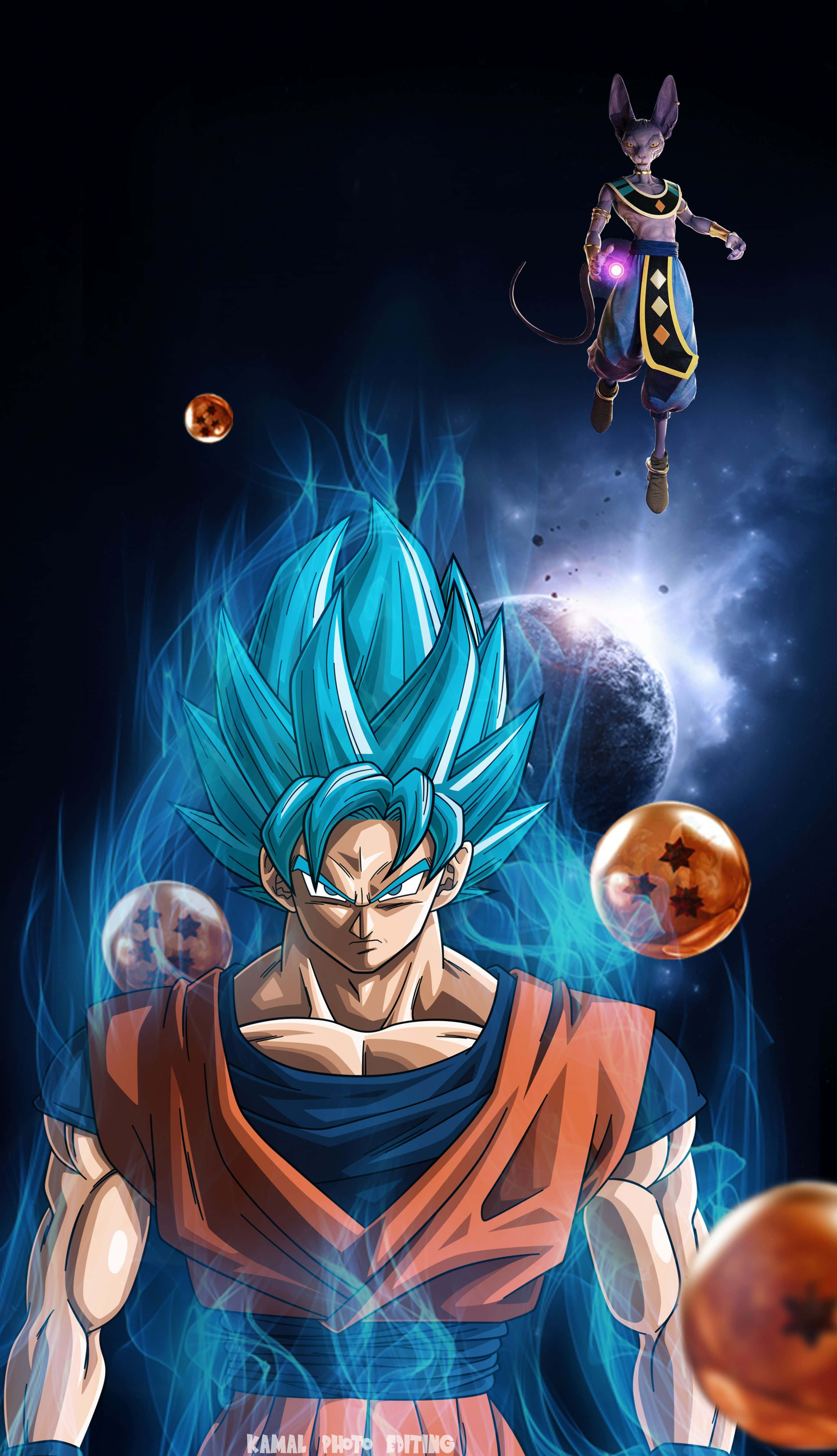 Dragon Ball iPhone 桌布 壁紙 — 藍髮超級賽亞人悟空散發出能量，龍珠在他周圍漂浮，背景是宇宙，還有一個漂浮的貓咪戰士。
