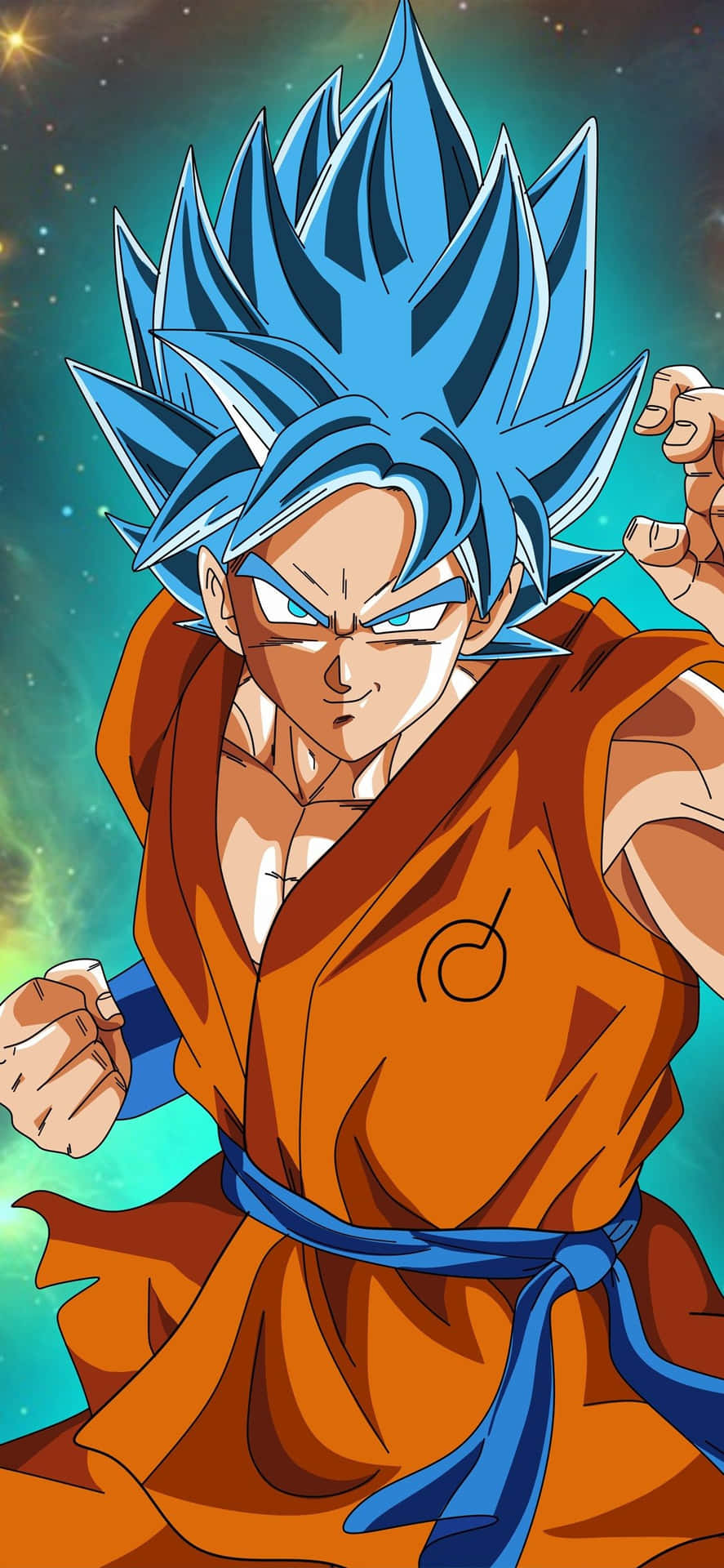 Dragon Ball iPhone 桌布 壁紙 — 藍髮超級賽亞人神悟空身穿橙色道服，在星空宇宙背景下強力站立。