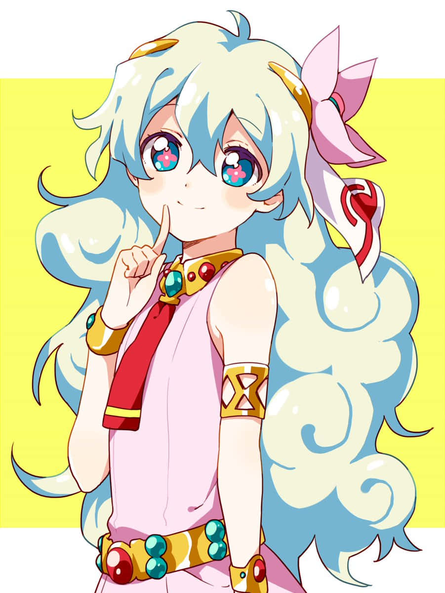 Nia Teppelin 桌布 壁紙 — 藍髮閃亮眼睛的動漫女孩在黃色背景前眨眼並將手指放在嘴唇上。