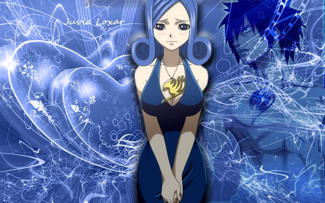 juvia lockser 桌布 壁紙 — 藍髮黃色標誌的動漫女孩，站在帶有發光白線的旋轉藍色抽象背景中央。