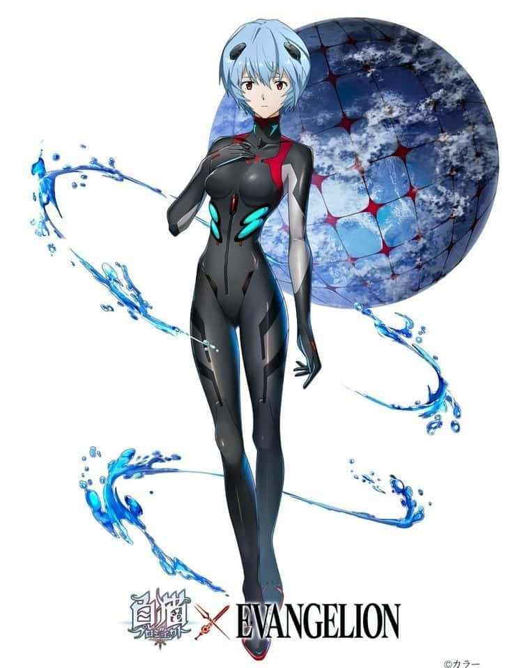 Yui Ikari 桌布 壁紙 — 藍髮黑西裝的動漫角色站在動態藍色水花中，背景為球形網格。
