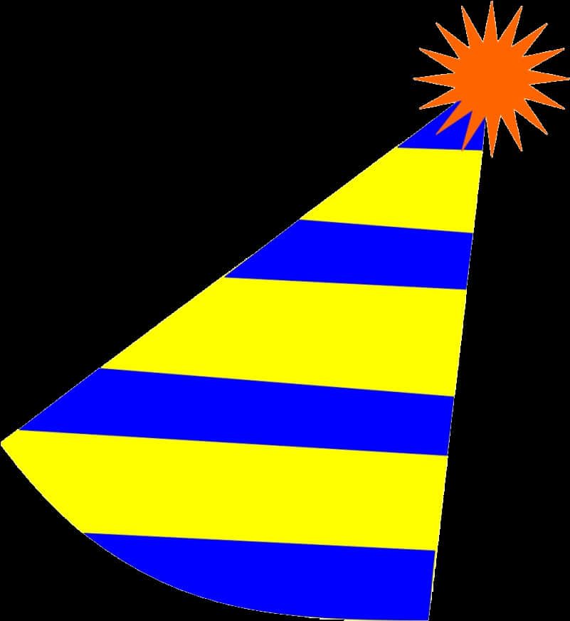 藍黃條紋生日帽 壁紙 — 黑色背景上，一頂亮黃色和藍色條紋派對帽，頂部有橙色星爆。