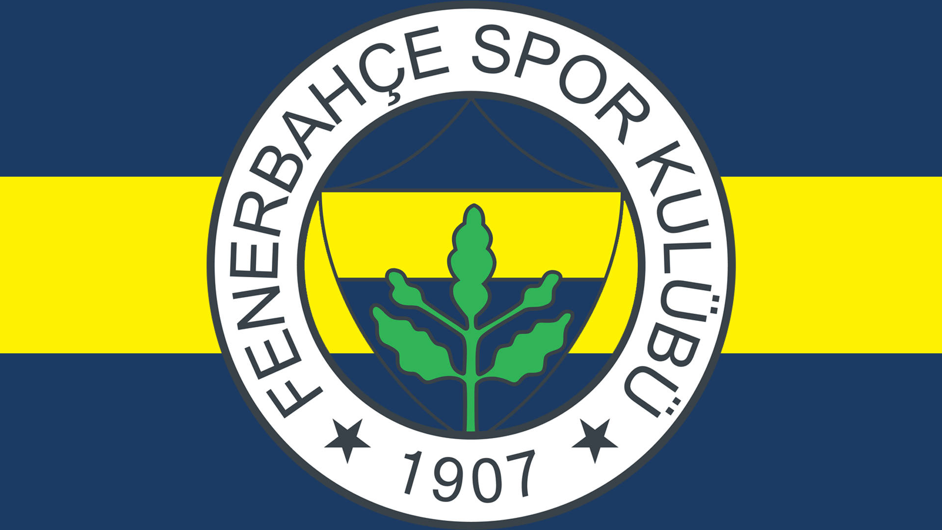 Fenerbahçe Spor Kulübü 旗幟，藍黃條紋和綠色樹木徽章。
