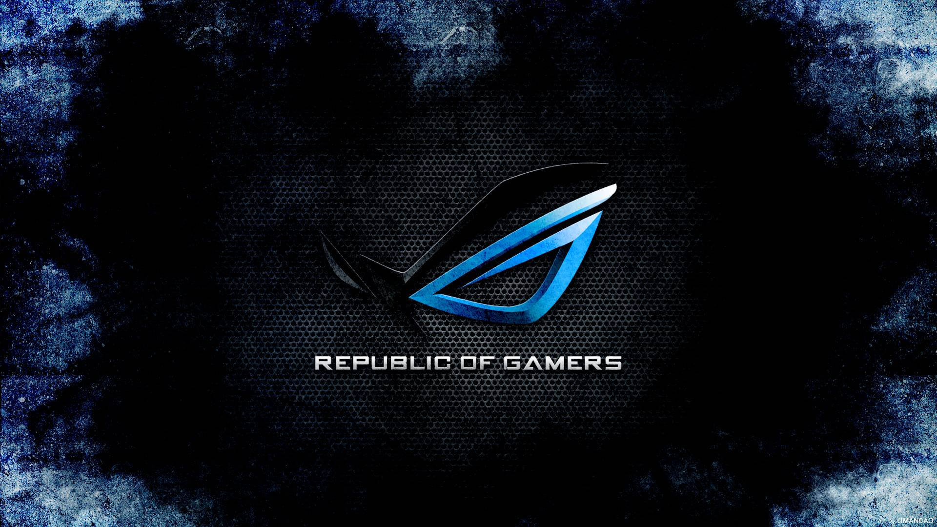 Republic of Gamers標誌在深色紋理背景上發出藍光