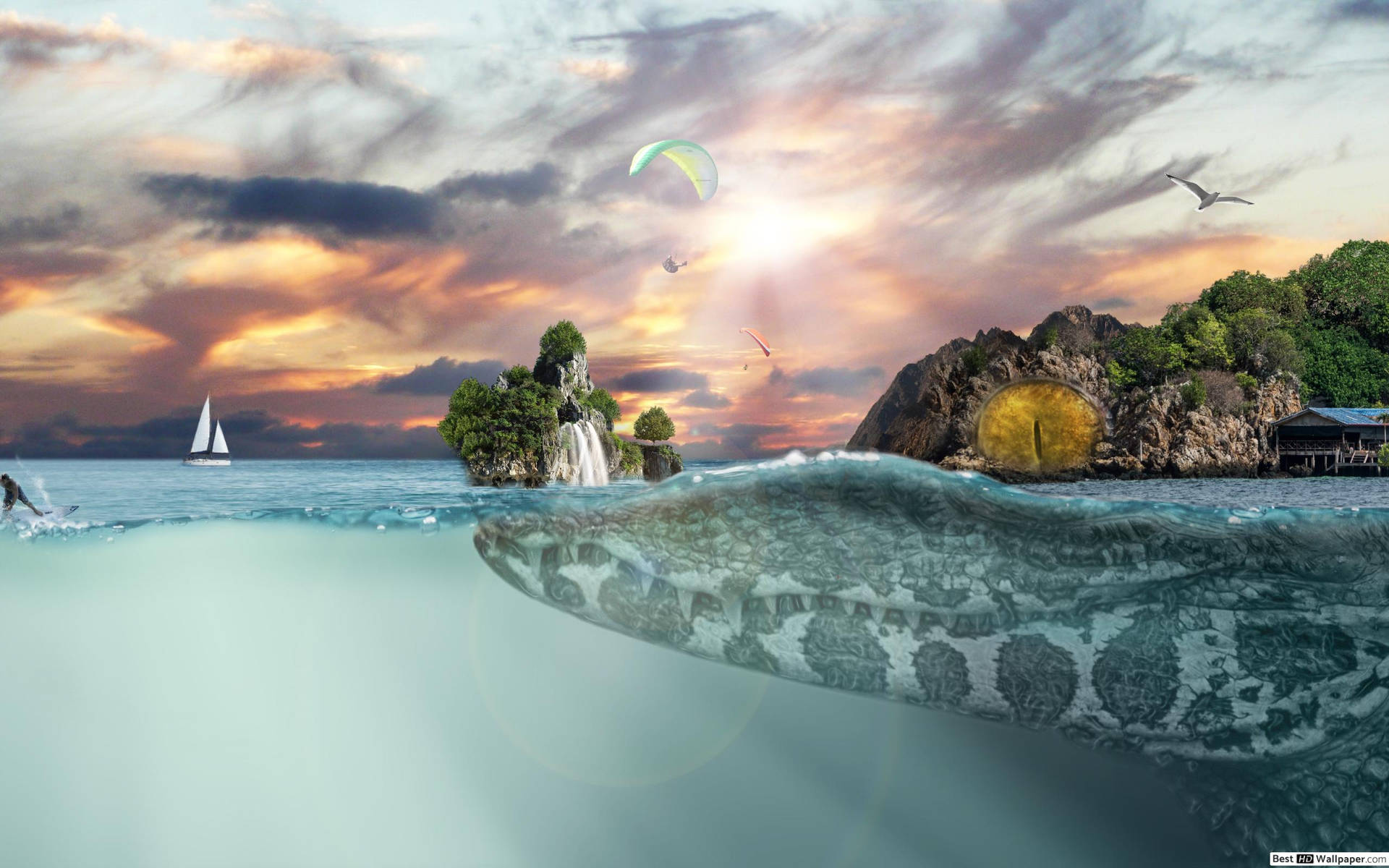 一條巨大的海蛇從海洋中升起，在色彩繽紛的日落天空下，有帆船和滑翔傘。
