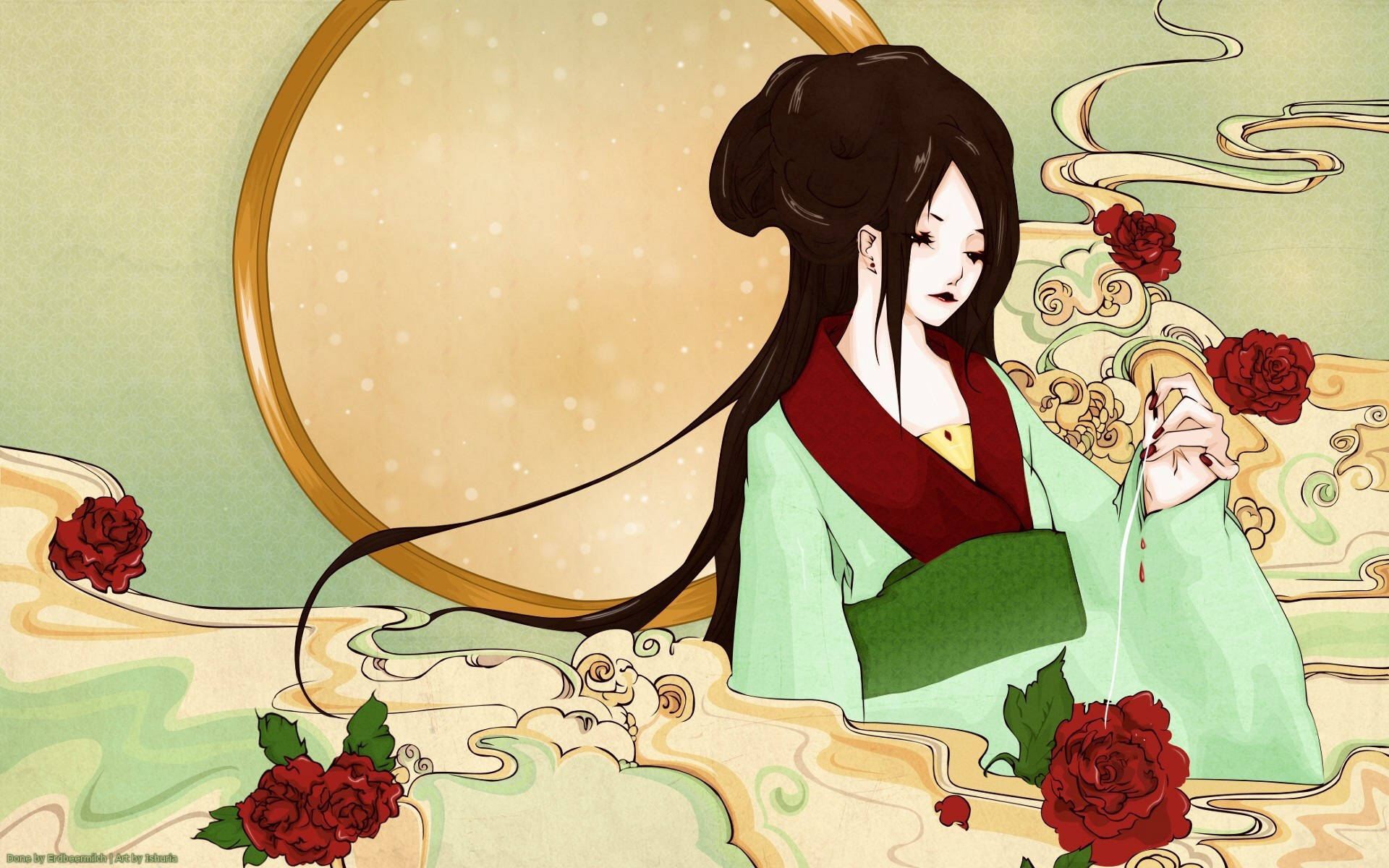 身穿傳統長袍的動漫女子被紅玫瑰和雲朵環繞。