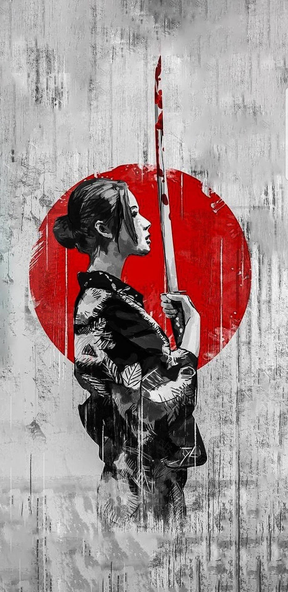 一位穿著和服的武士女性手持劍，身後有一個紅色圓圈。