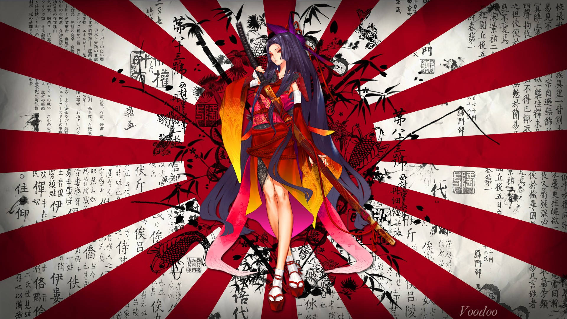 穿著紅色和服的動漫女孩在帶有日文字的太陽光線背景前持劍。