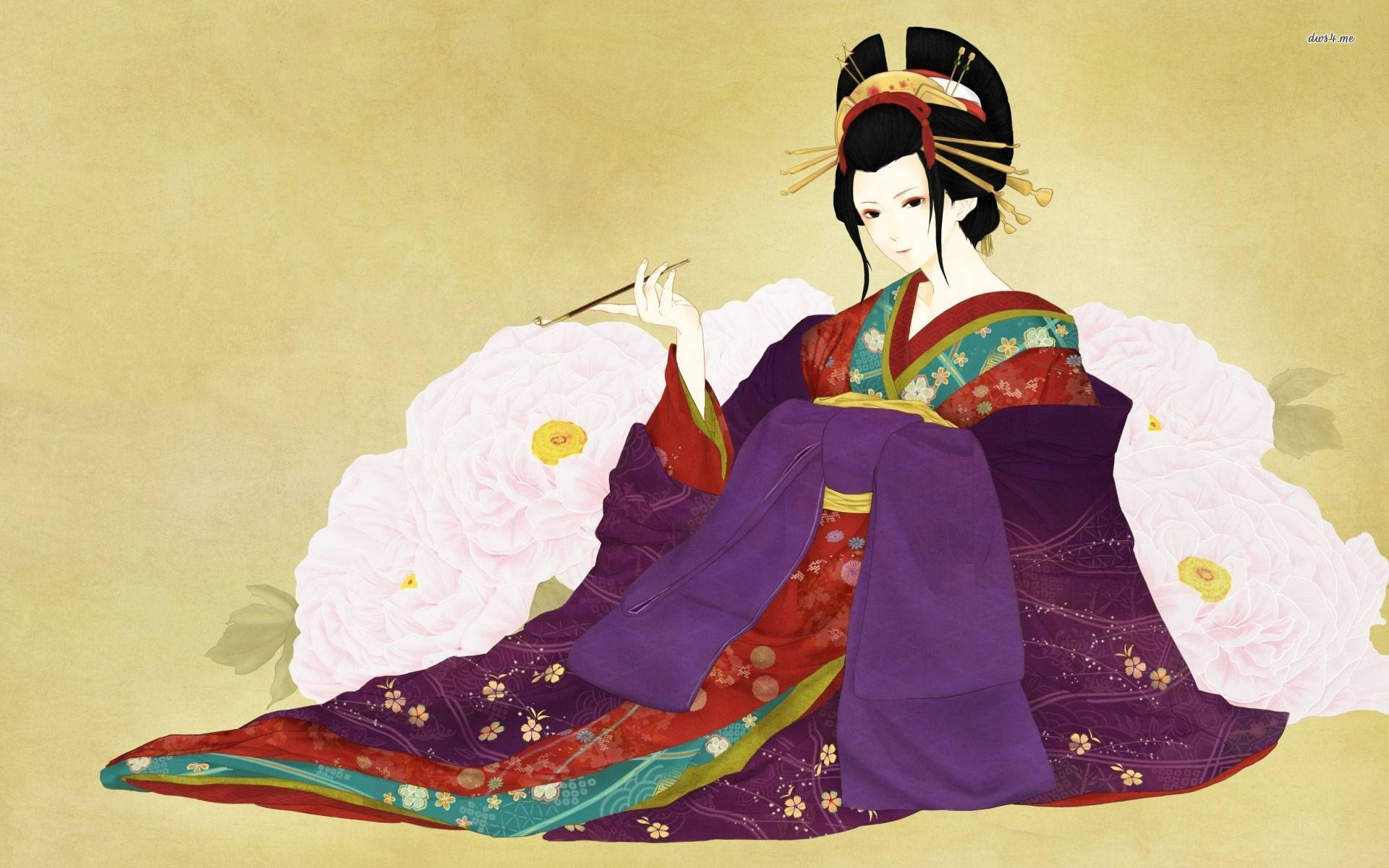 穿著華麗和服的藝妓，坐在米色背景上的大朵粉紅色牡丹旁邊。