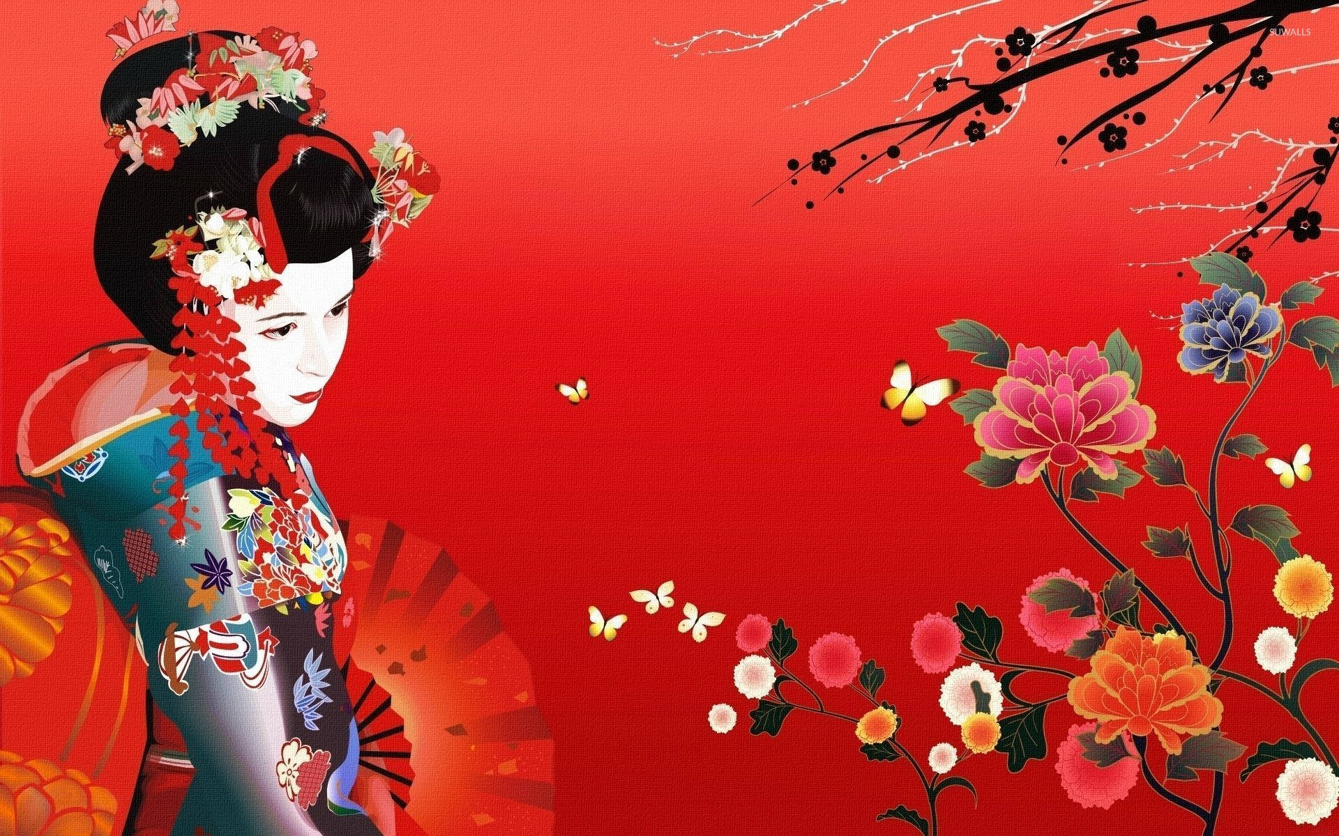 藝妓穿著彩色和服，在紅色背景上與盛開的花朵和蝴蝶相伴