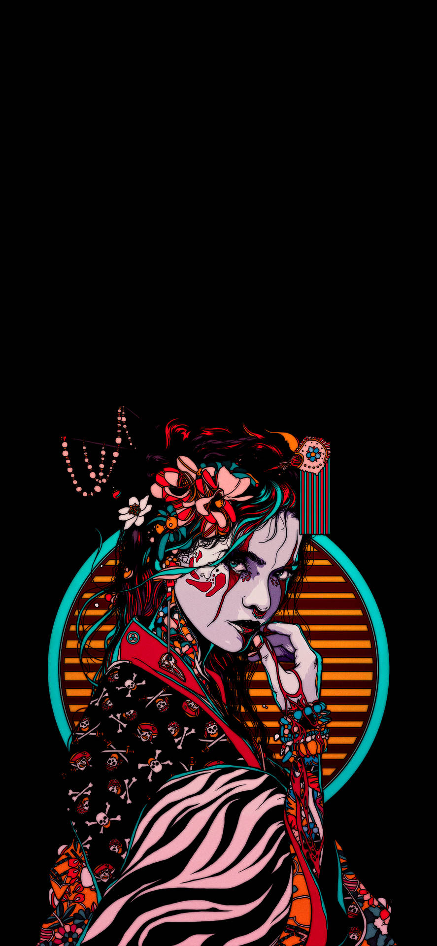 動漫女性，花卉髮飾和骷髏圖案，在發光圓形背景前。