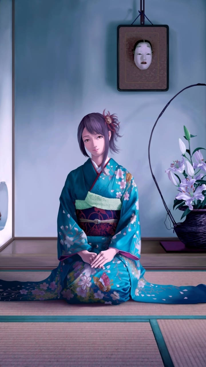 動漫女孩穿著花卉和服坐在榻榻米上，靠近白百合和一個掛著的面具。