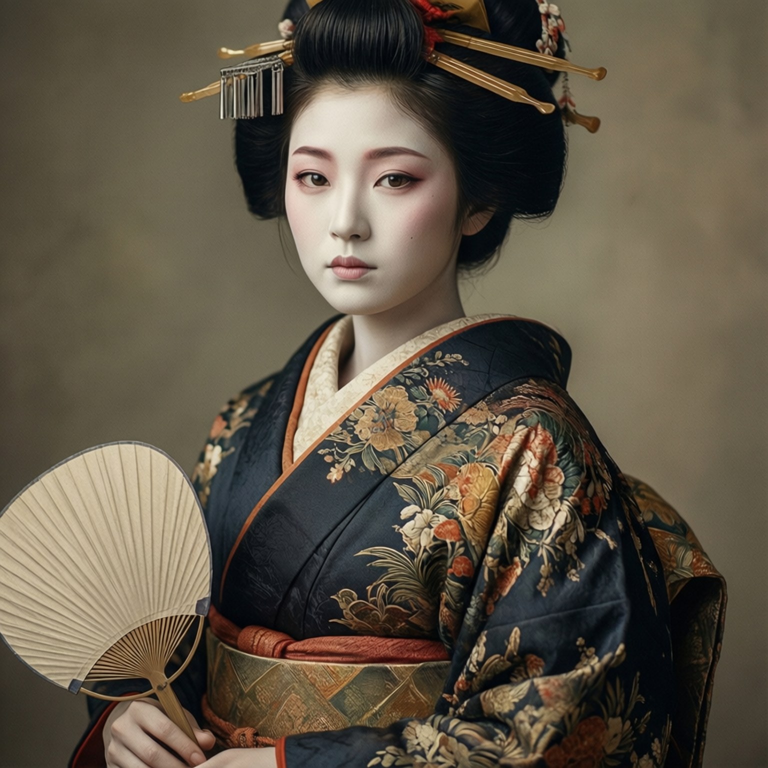 穿著傳統和服的藝妓手持摺扇