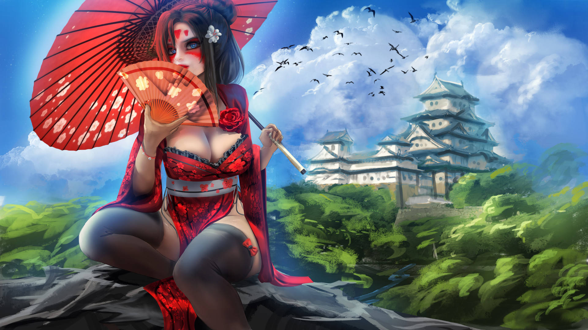 身穿紅色和服的藝妓手持雨傘，靠近日本城堡，鳥兒飛翔。