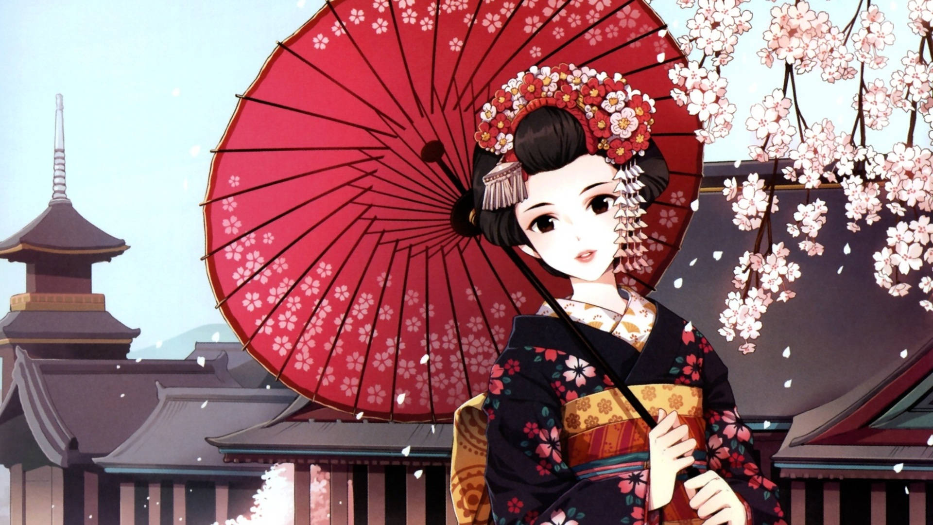 穿著和服的藝妓在櫻花下拿著紅色雨傘靠近寺廟
