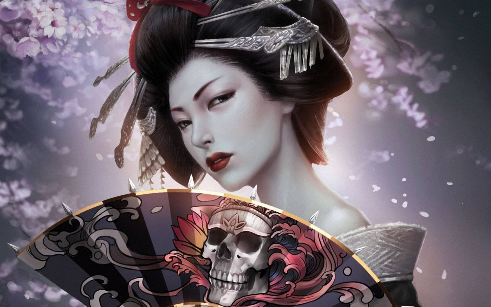 藝妓在櫻花下手持帶有骷髏圖案的華麗扇子