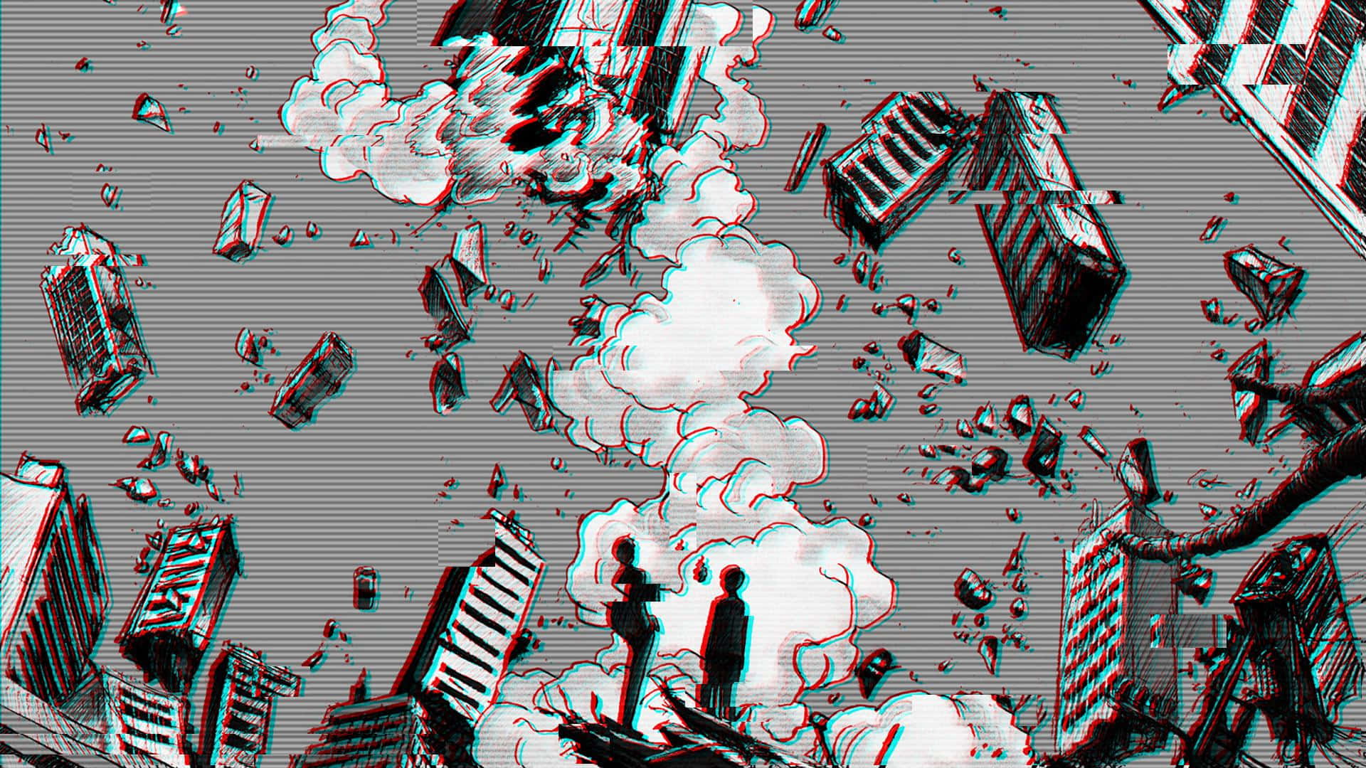 兩個人站在倒塌的城市景觀中，有漂浮的建築物和故障效果。