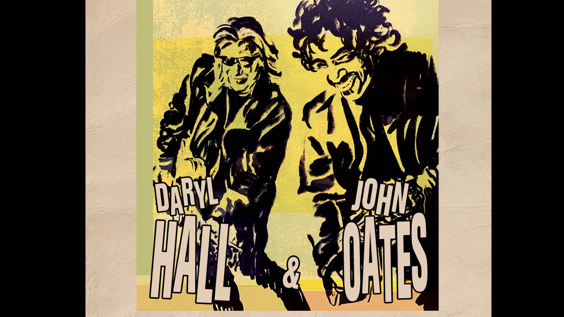 Daryl Hall和John Oates身穿黑色外套的復古海報藝術，搭配大膽的黃色背景和白色文字。