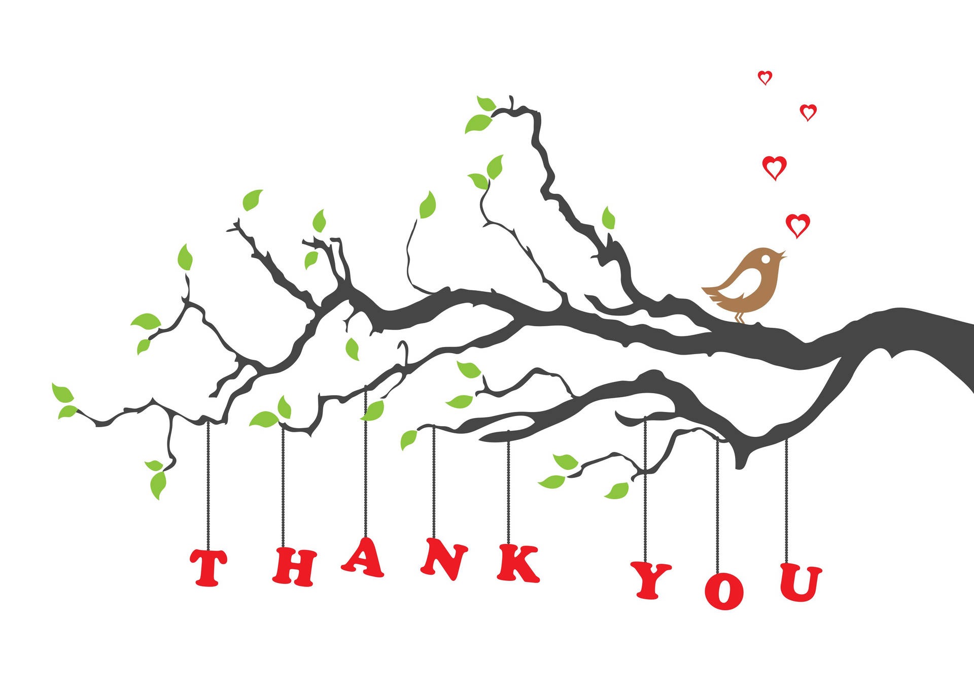 樹枝上的鳥，心形在「Thank You」字樣上方，紅色。