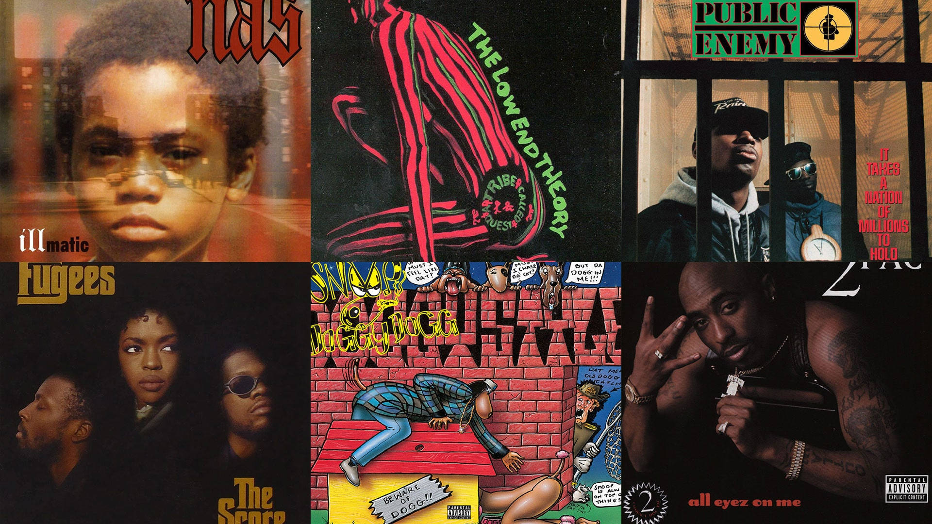 藝術嘻哈專輯 壁紙 — 六張標誌性嘻哈專輯封面的拼貼，包括 Nas、Public Enemy 和 Tupac 等藝人，具有大膽的圖形和粗獷的城市主題。