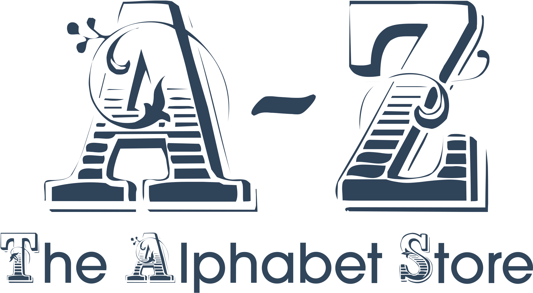 藝術字母店標誌 壁紙 — 黑色背景上帶有裝飾元素和文字 The Alphabet Store 的風格化深藍色 A 至 Z 標誌。