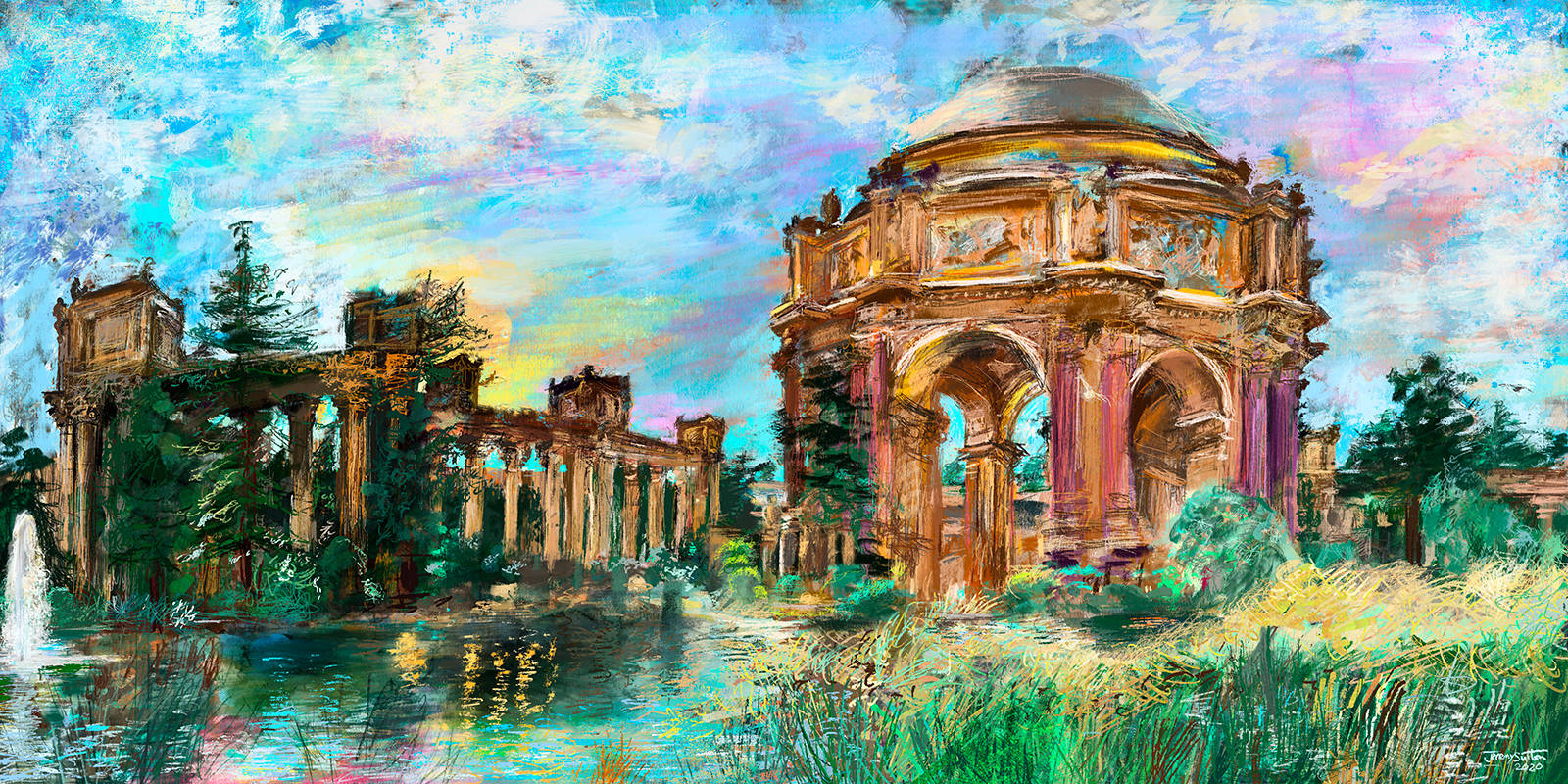 色彩繽紛的天空和水中的 Palace of Fine Arts 倒影