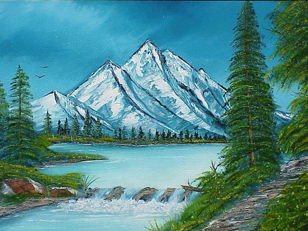 「藝術家的傑作」 壁紙 — 寧靜的山湖景色，白雪皚皚的山峰聳立在常綠樹之上，前景有奔騰的瀑布。