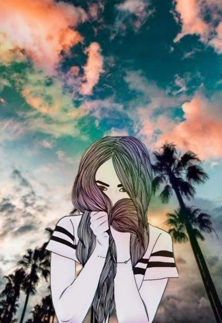 辮子女孩在棕櫚樹映襯的多彩日落天空下遮住臉。