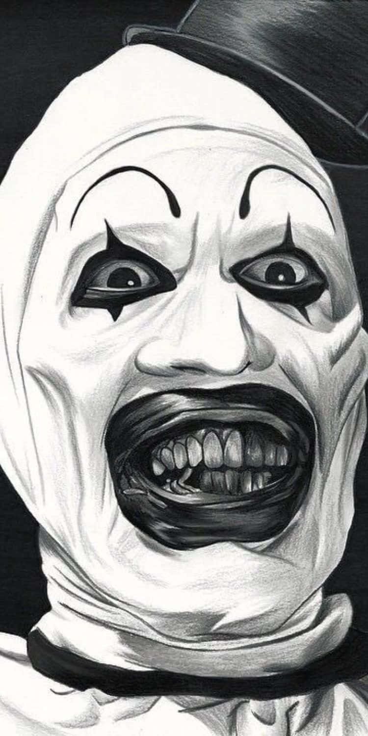 藝術小丑肖像 壁紙 — 一幅令人毛骨悚然的黑白鉛筆畫，描繪一個恐怖小丑，露出寬闊的牙齒笑容並戴著高頂帽。