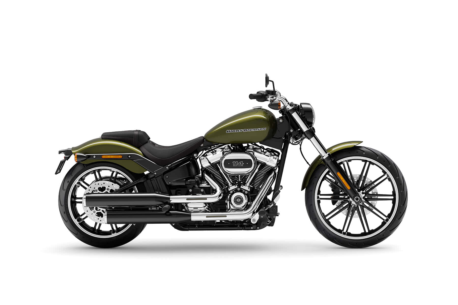 白色背景上帶有鍍鉻細節的橄欖綠色Harley-Davidson電單車