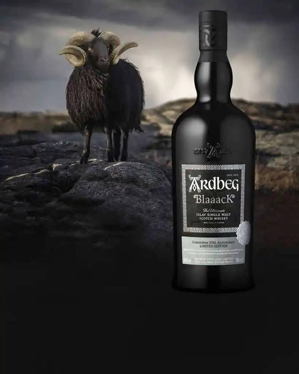 黑色Ardbeg Blaaack威士忌酒瓶，旁邊是一隻深色公羊，站在風暴中的岩石上。