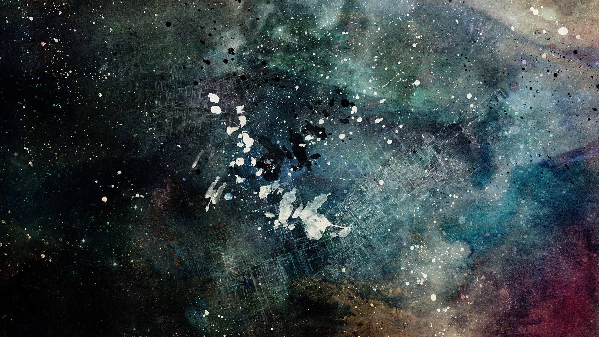 抽象宇宙場景，旋轉的星雲、星星和墨水飛濺在網格圖案上。