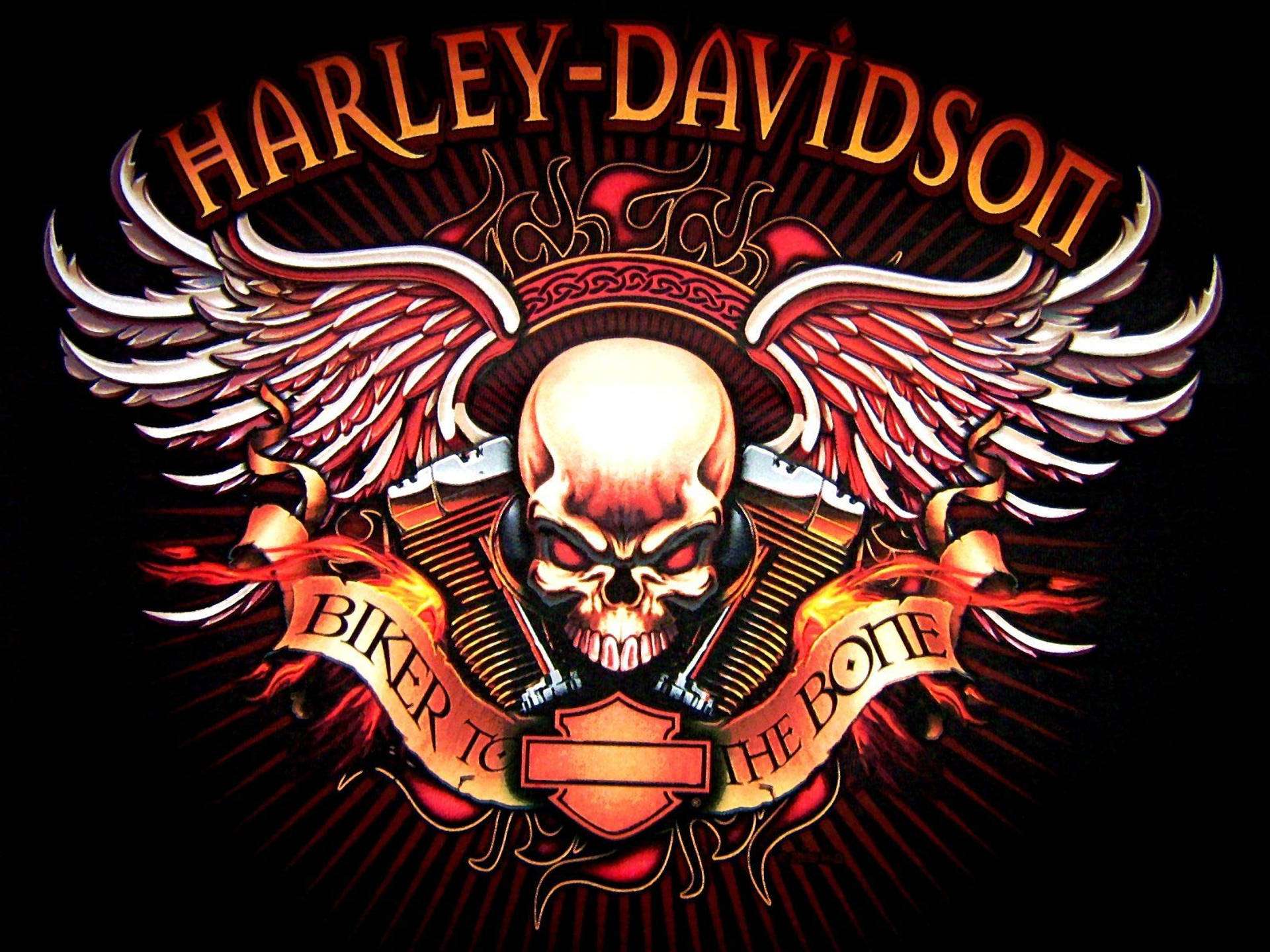 Harley-Davidson骷髏頭和翅膀標誌，帶有紅色火焰和引擎細節。