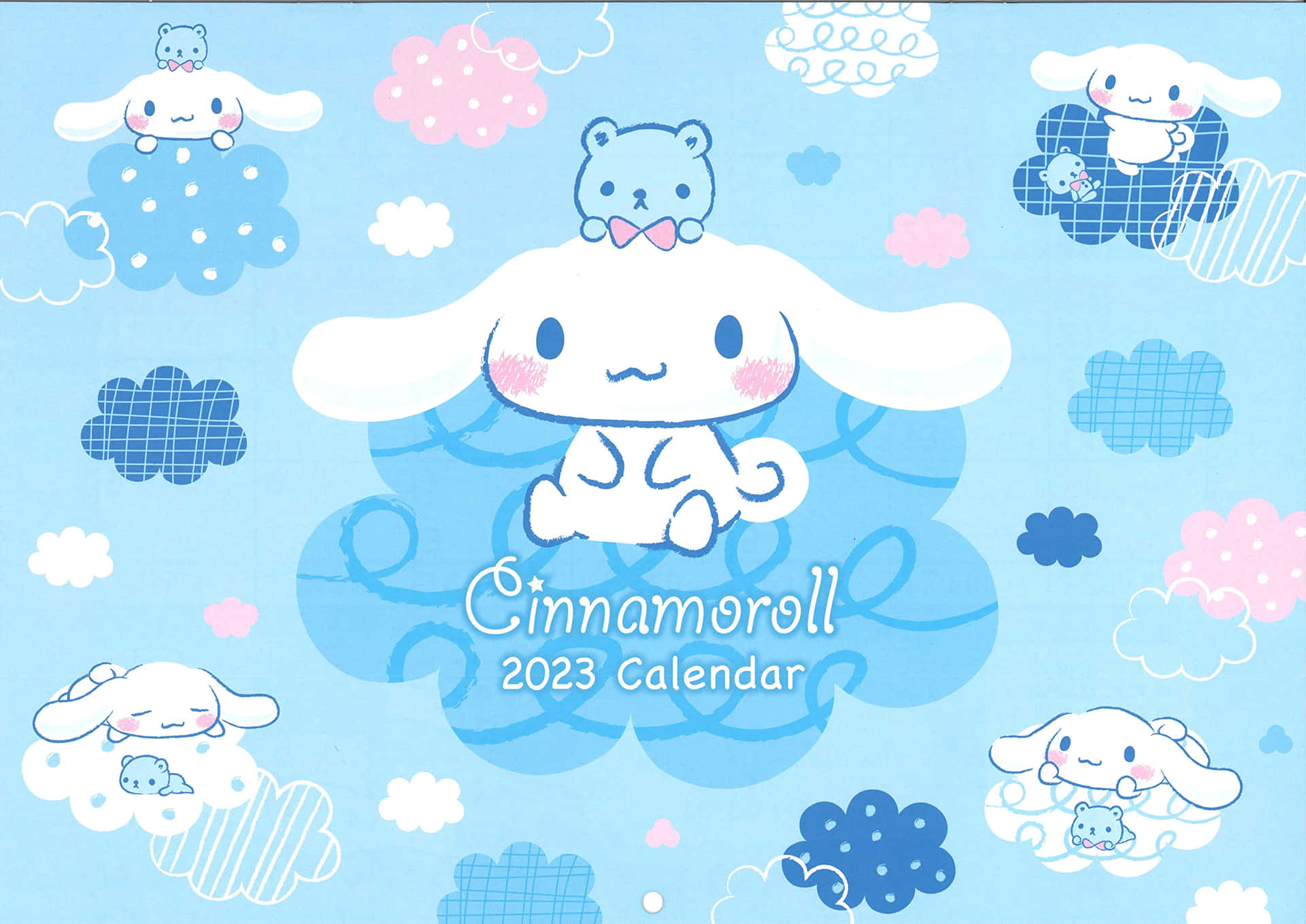 藝術感肉桂捲 壁紙 — Cinnamoroll 和朋友們在柔和的藍天背景上，在粉彩雲朵中平靜地漂浮。