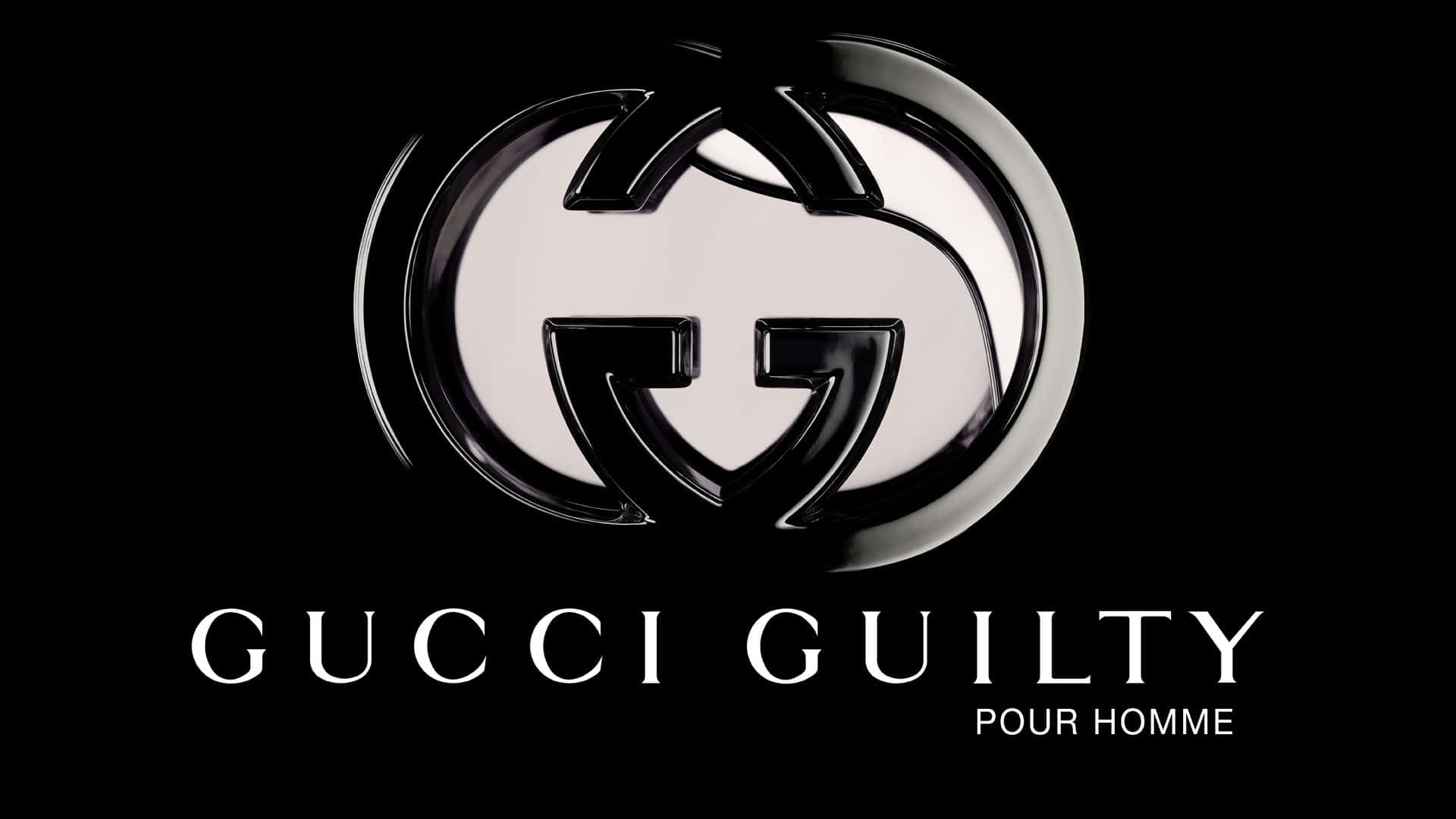 Gucci Guilty Pour Homme 標誌，銀色和黑色設計，黑色背景。