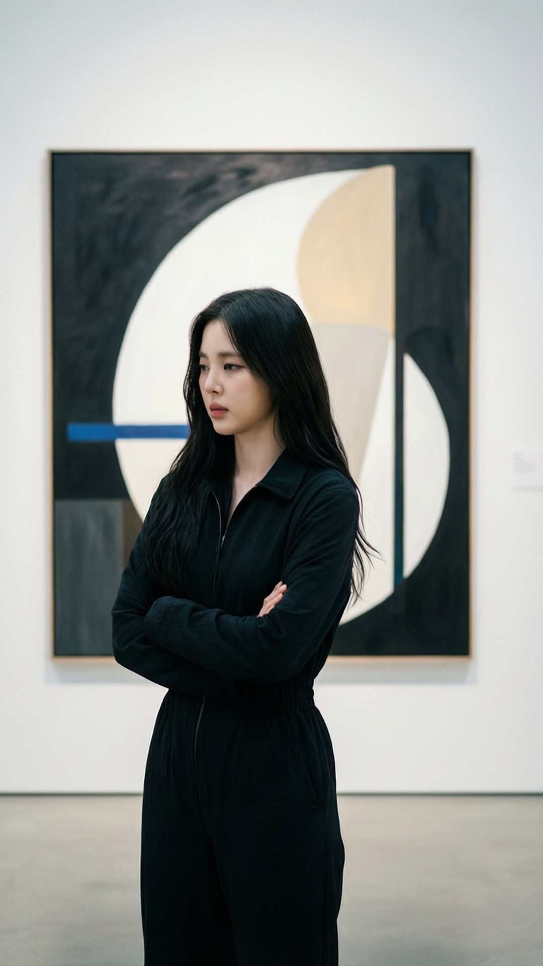 身穿黑色連身褲的女性在畫廊中交叉雙臂站在抽象藝術前
