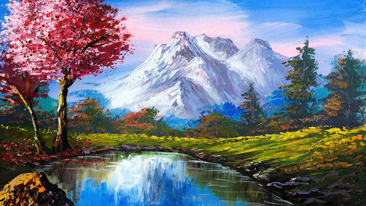 藝術的多彩世界 壁紙 — 一幅充滿活力的油畫，描繪了櫻花樹旁邊一條反射著景色的溪流，背景是白雪覆蓋的山峰。