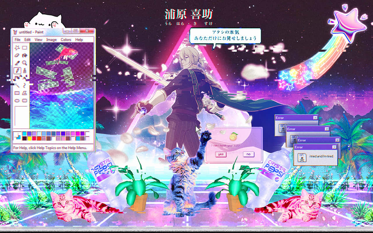 在宇宙背景的數碼藝術工作空間中，帶有劍和貓咪的動漫角色。