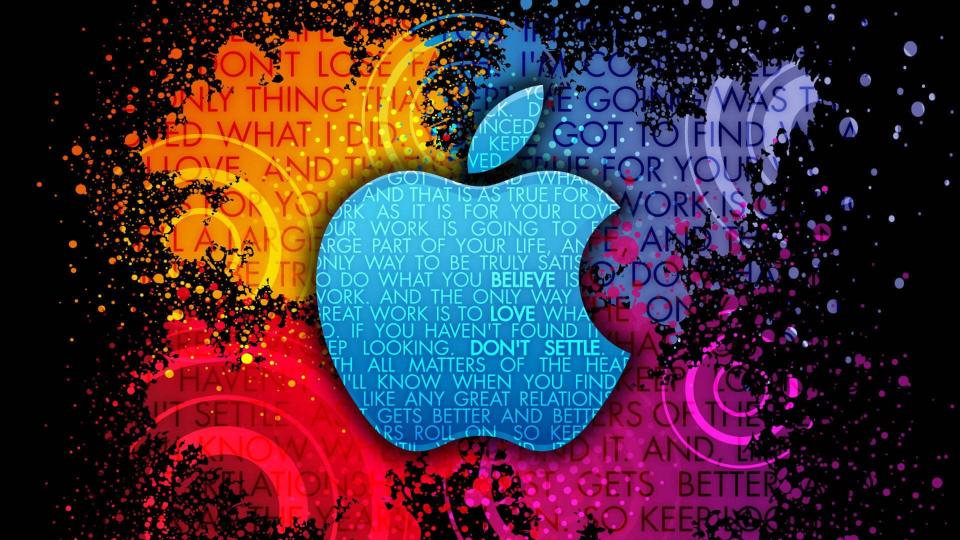 一個色彩繽紛的Apple標誌，在深色背景上有發光文字和顏料飛濺。