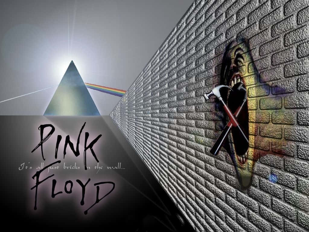 Pink Floyd 專輯封面，棱鏡彩虹和磚牆上的尖叫臉。