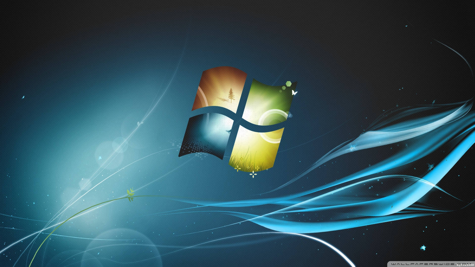 Windows 標誌被流動的藍色光線包圍，背景為深色。