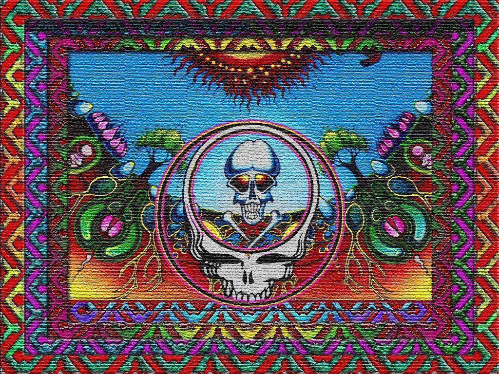一幅色彩繽紛的迷幻插圖，包含骷髏頭、彩虹眼睛和幾何圖案。