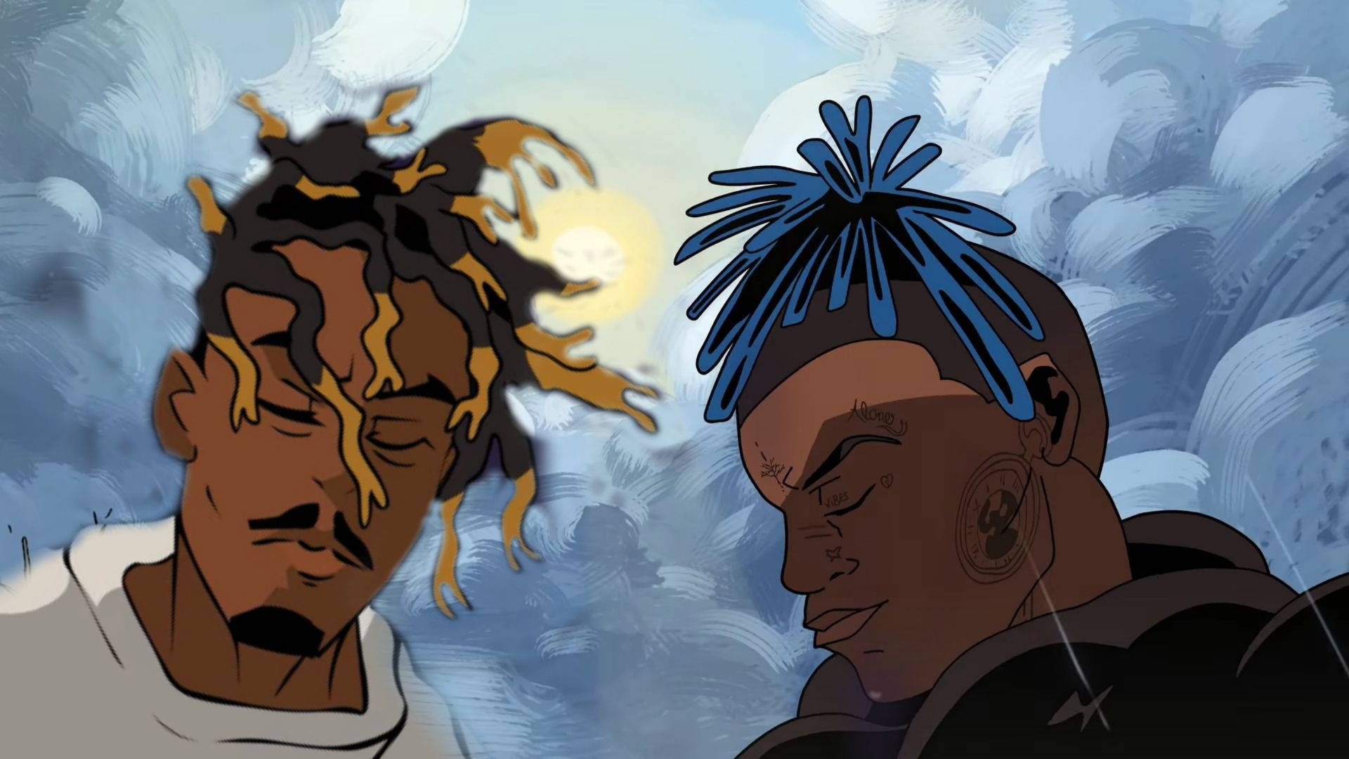 兩個插圖中的男士擁有色彩繽紛的頭髮，透過雲層仰望太陽。
