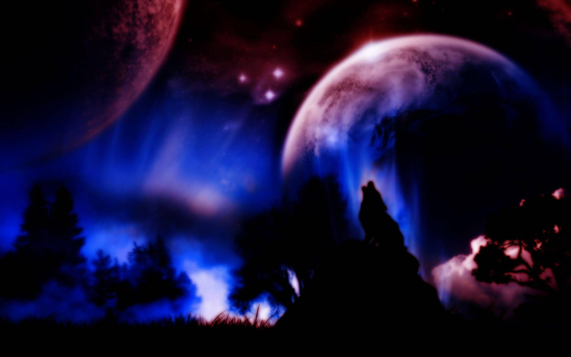 狼在宇宙極光天空中向發光的行星嚎叫
