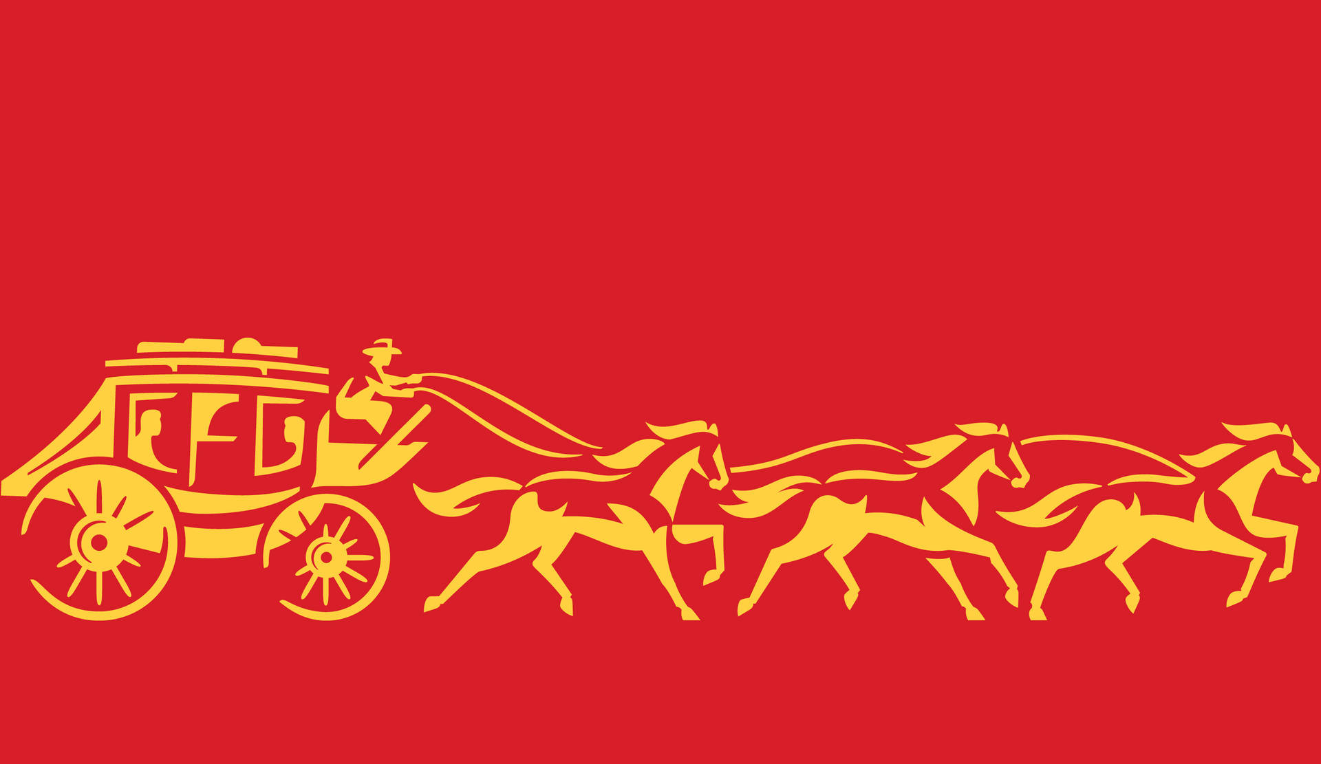 紅色背景上，由四匹馬拉動的金色驛馬車。