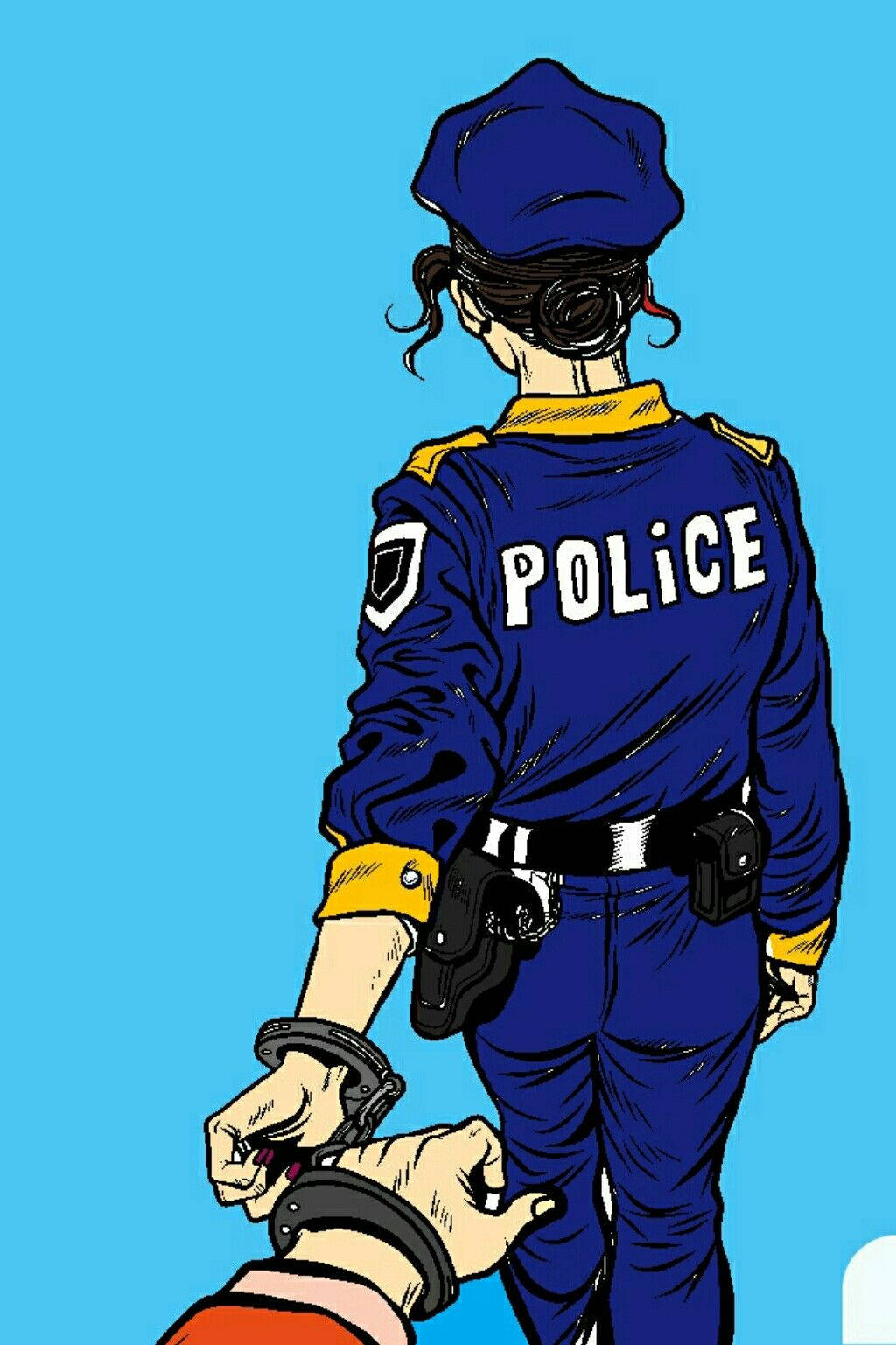 一名身穿藍色制服的警察被另一人戴上手銬。