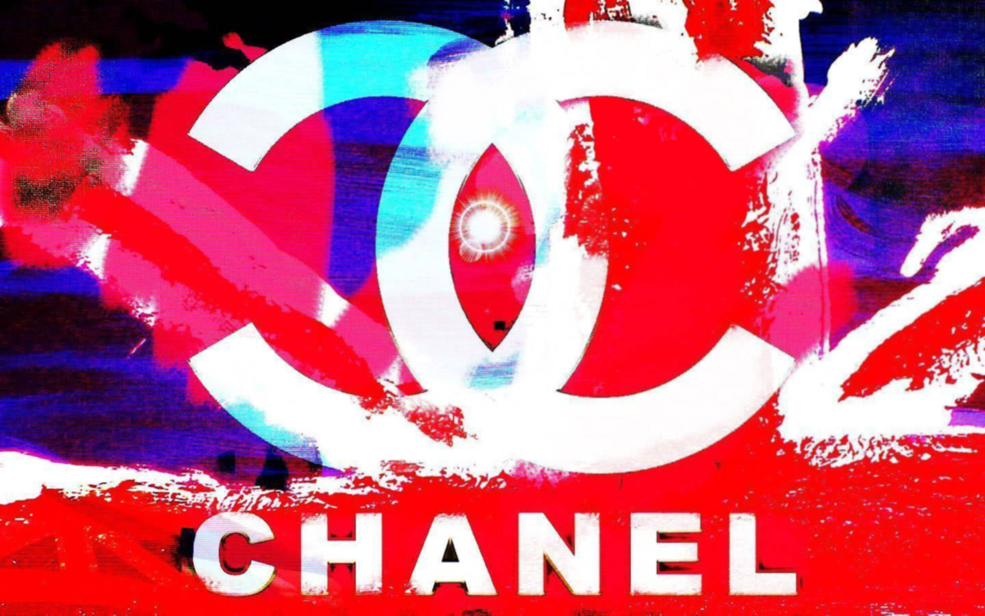 藝術風格香奈兒標誌 壁紙 — 一個大膽的塗鴉風格 Chanel 標誌，帶有鮮豔的紅色、藍色和白色油漆飛濺，中央有一個發光的眼睛。