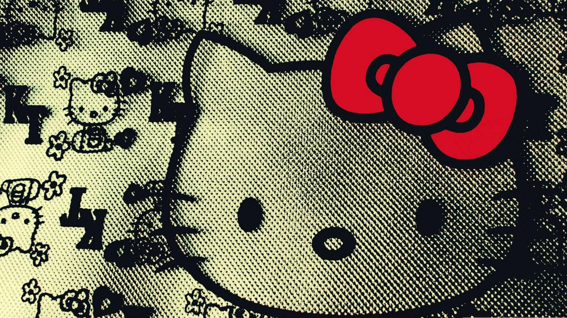 Hello Kitty 在紋理米色布料上戴著紅色蝴蝶結，帶有重複的墨水素描。