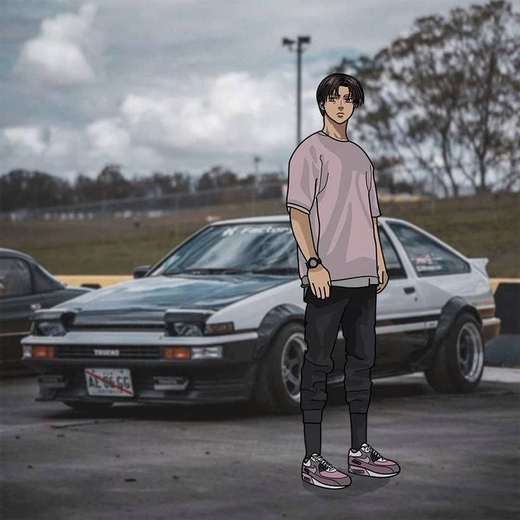 穿著休閒服的動漫角色站在改裝過的AE86飄移車旁邊。