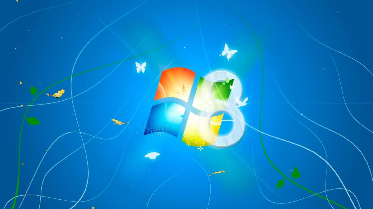 Windows 8 標誌，帶有蝴蝶和藤蔓，藍色背景